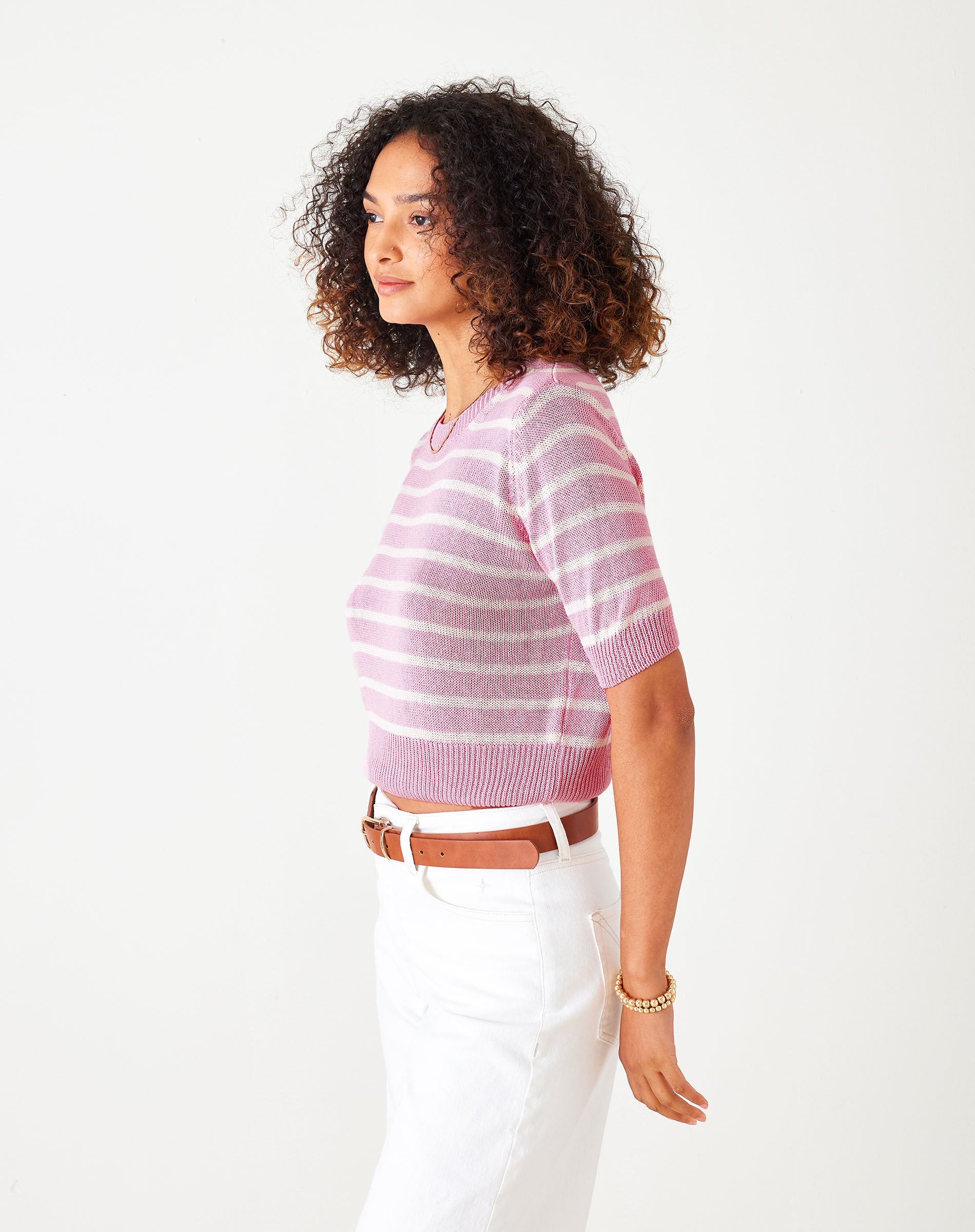 Women's Pink Striped Short Sleeve Crewneck