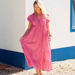 Women's Pink Striped Short Sleeve Maxi Dress