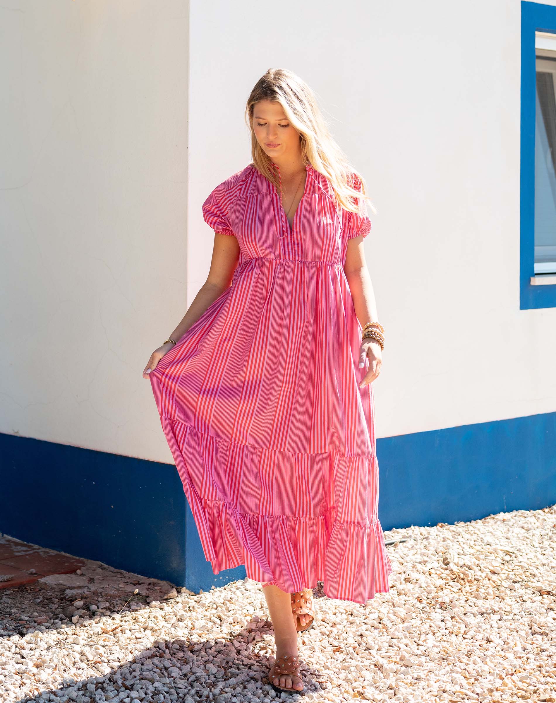 Women's Pink Striped Short Sleeve Maxi Dress