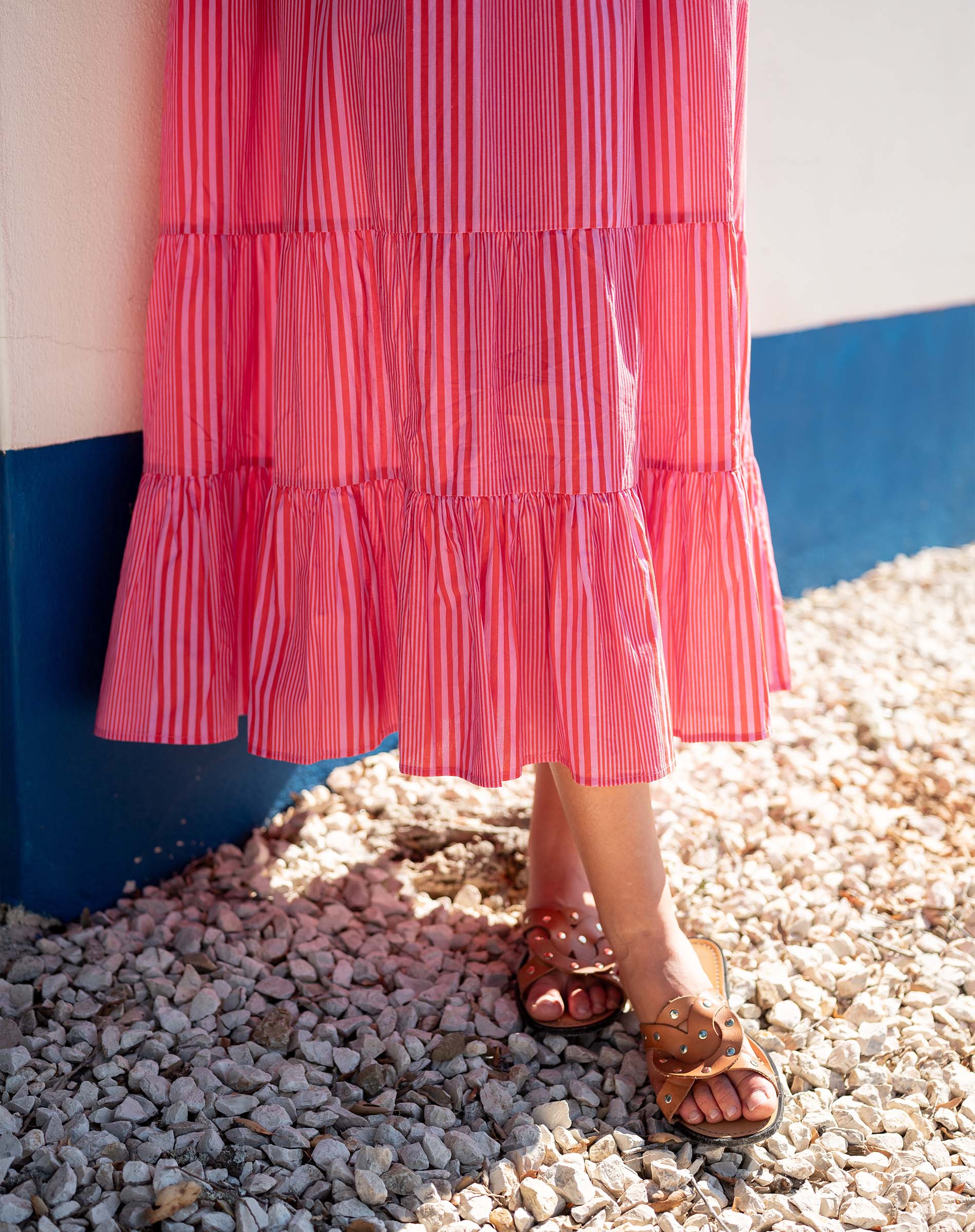 Women's Pink Striped Short Sleeve Maxi Dress