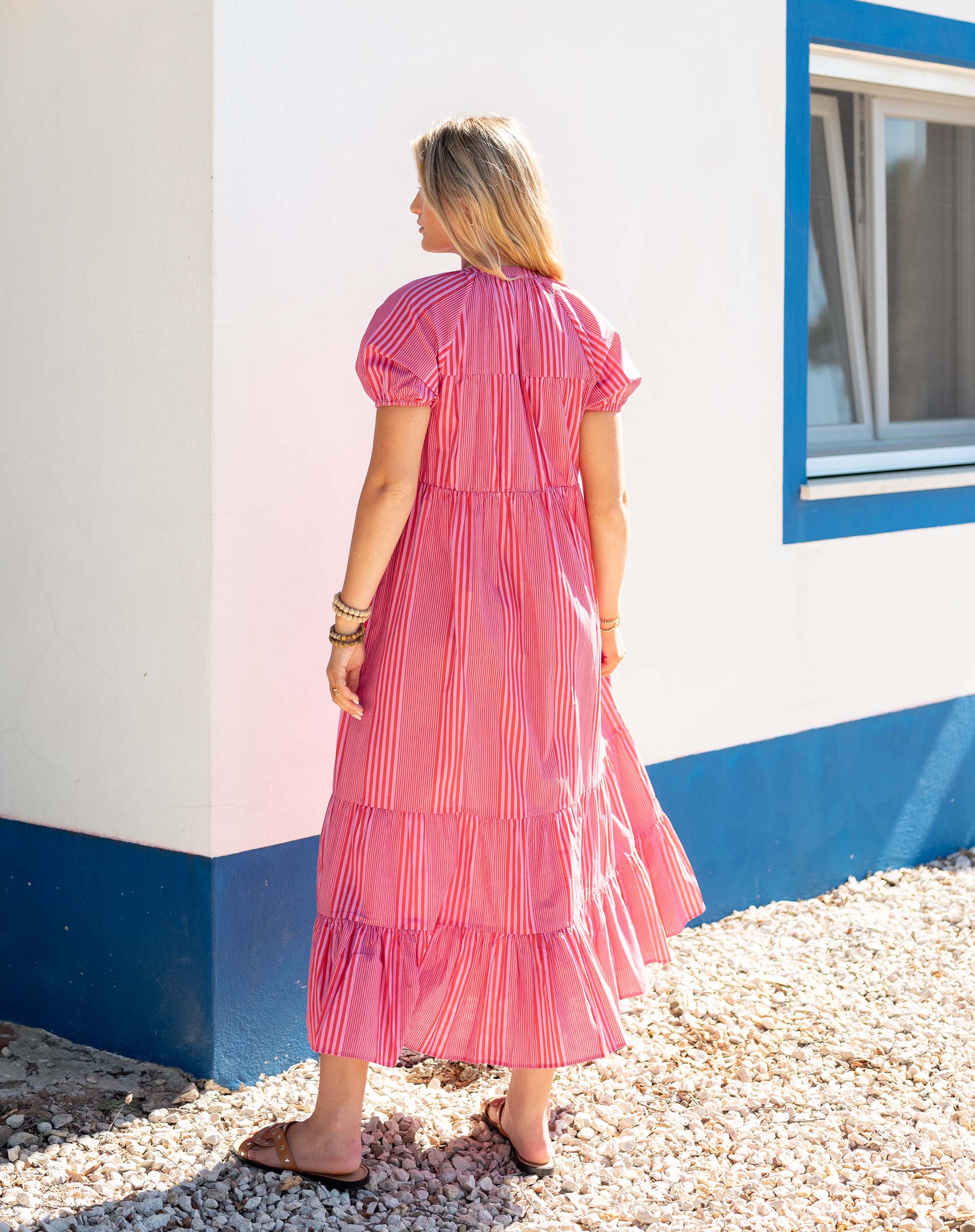 Women's Pink Striped Short Sleeve Maxi Dress