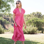 Women's Pink Striped Short Sleeve Maxi Dress