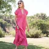 Women's Pink Striped Short Sleeve Maxi Dress