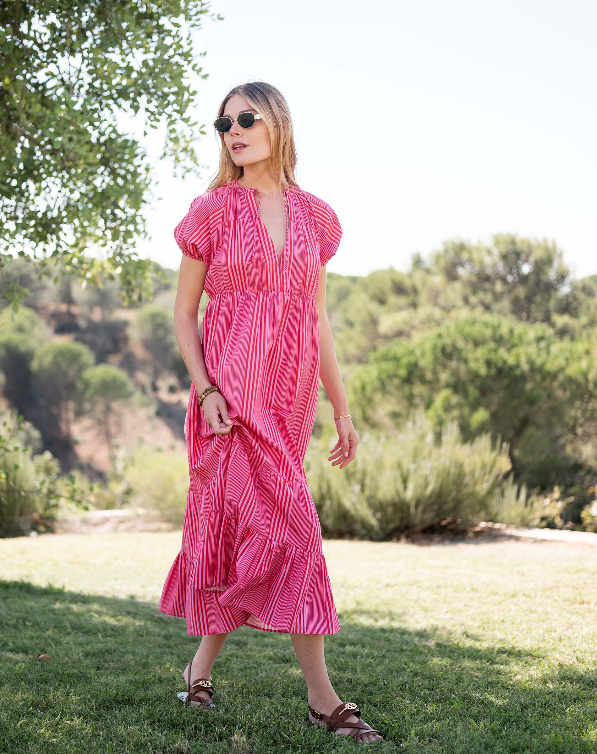 Women's Pink Striped Short Sleeve Maxi Dress