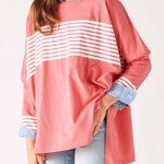 Women's Pink with Wite Stripes Loose Fit Pull-over