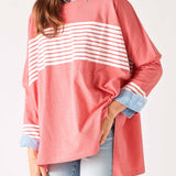 Women's Pink with Wite Stripes Loose Fit Pull-over