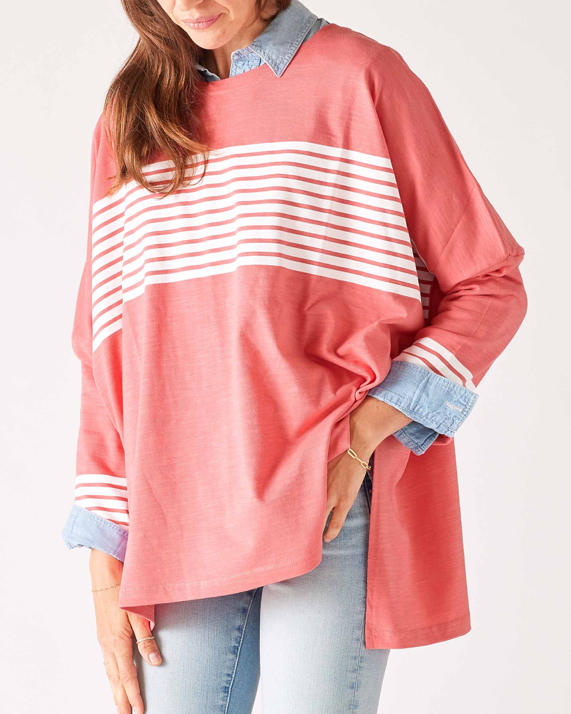 Women's Pink with Wite Stripes Loose Fit Pull-over