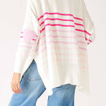 Women's One Size Pink Striped Sweater with Pink Hearts on Sleeve Back View