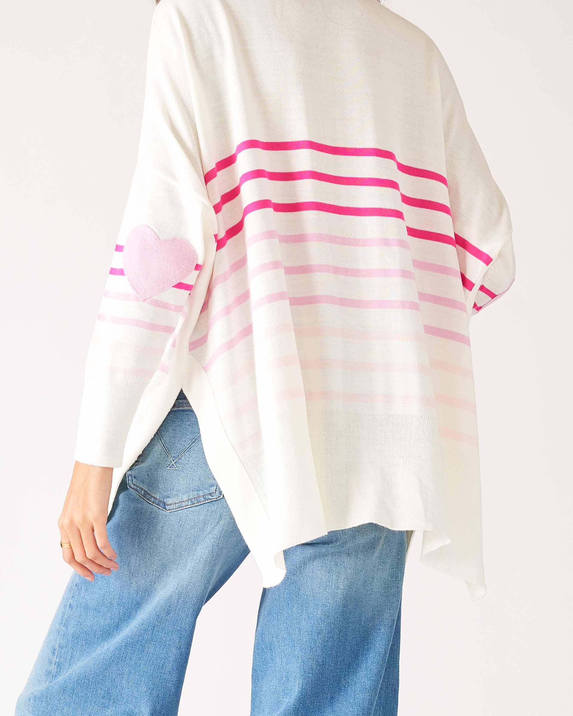 Women's One Size Pink Striped Sweater with Pink Hearts on Sleeve Back View