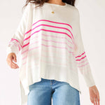 Women's One Size Pink Striped Sweater with Pink Hearts on Sleeve Chest View