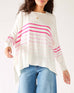 Women's One Size Pink Striped Sweater with Pink Hearts on Sleeve Chest View