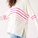 Women's One Size Pink Striped Sweater with Pink Hearts on Sleeve Side View Drape of Fabric