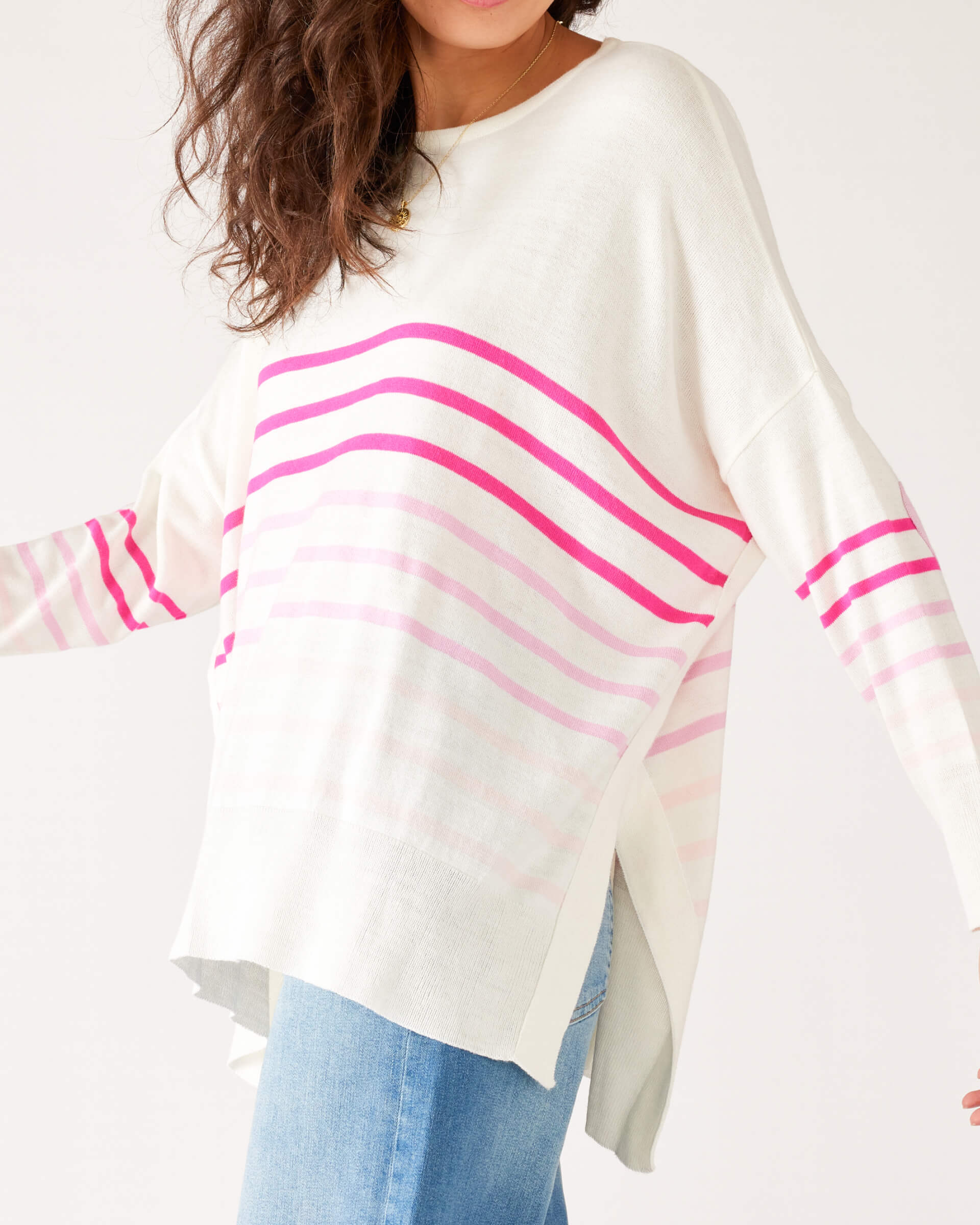 Women's One Size Pink Striped Sweater with Pink Hearts on Sleeve Side View Drape of Fabric