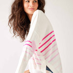 Women's One Size Pink Striped Sweater with Pink Hearts on Sleeve Side View