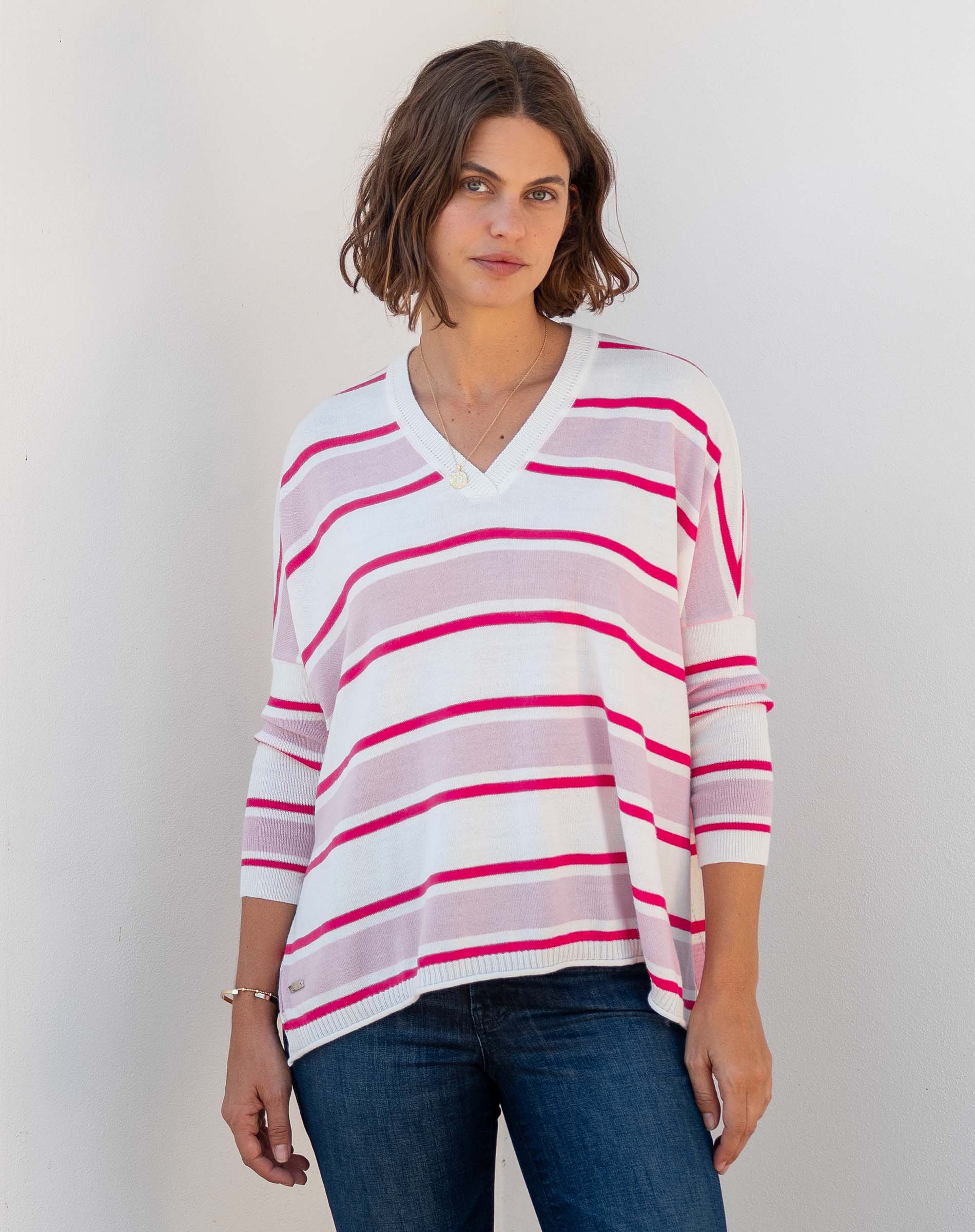 Women's Pink Striped Oversized Vneck Sweater