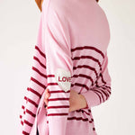 Women's One Size Pink Sweater with Purple Stripes and Hearts on Sleeve Back View