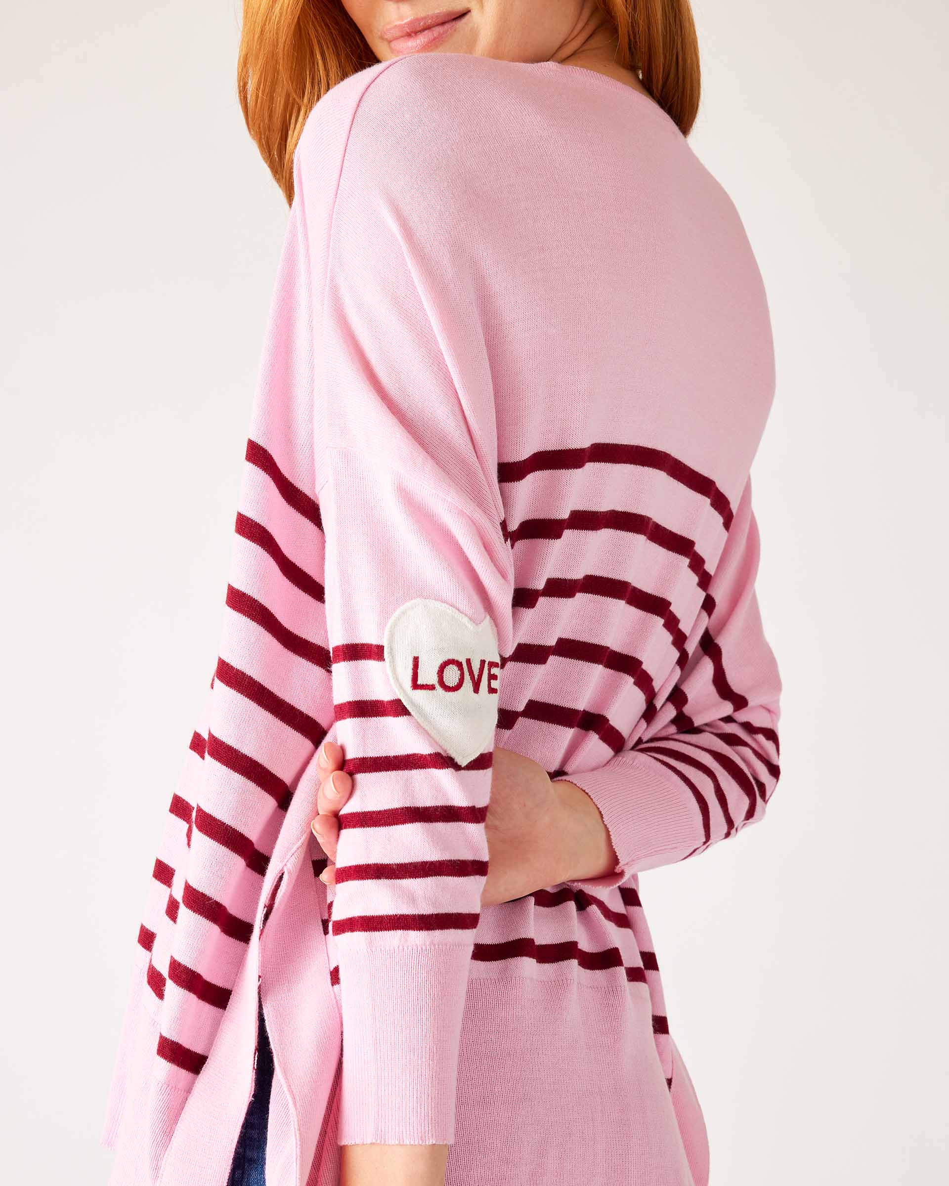 Women's One Size Pink Sweater with Purple Stripes and Hearts on Sleeve Back View