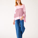 Women's One Size Pink Sweater with Purple Stripes and Hearts on Sleeve Chest View