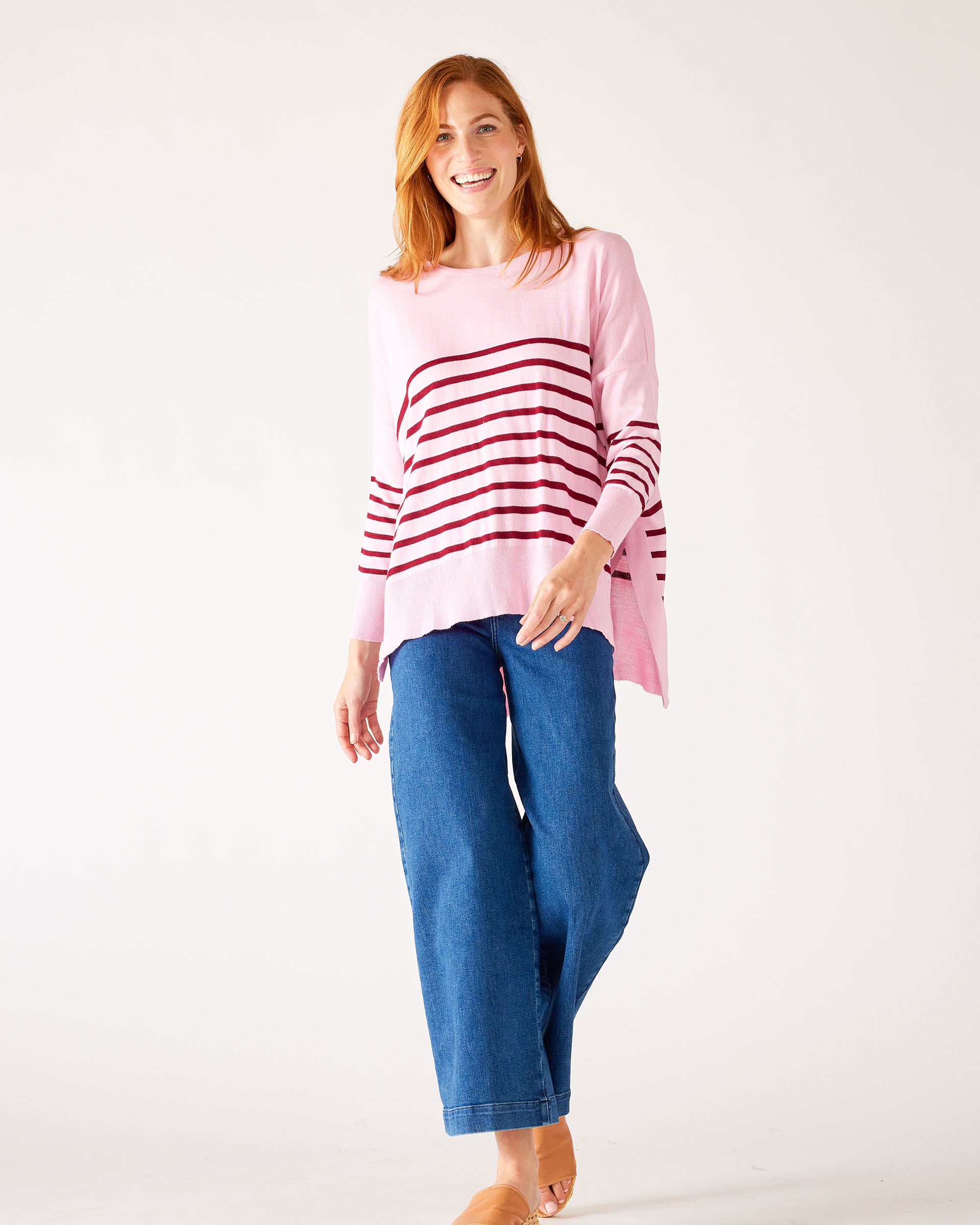 Women's One Size Pink Sweater with Purple Stripes and Hearts on Sleeve Chest View