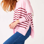 Women's One Size Pink Sweater with Purple Stripes and Hearts on Sleeve Side Slits View