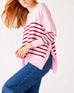 Women's One Size Pink Sweater with Purple Stripes and Hearts on Sleeve Side Slits View