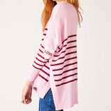 Women's One Size Pink Sweater with Purple Stripes and Hearts on Sleeve Side View