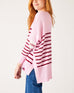 Women's One Size Pink Sweater with Purple Stripes and Hearts on Sleeve Side View