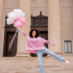 Women's One Size Pink Sweater with Purple Stripes and Hearts on Sleeve Travel Destination