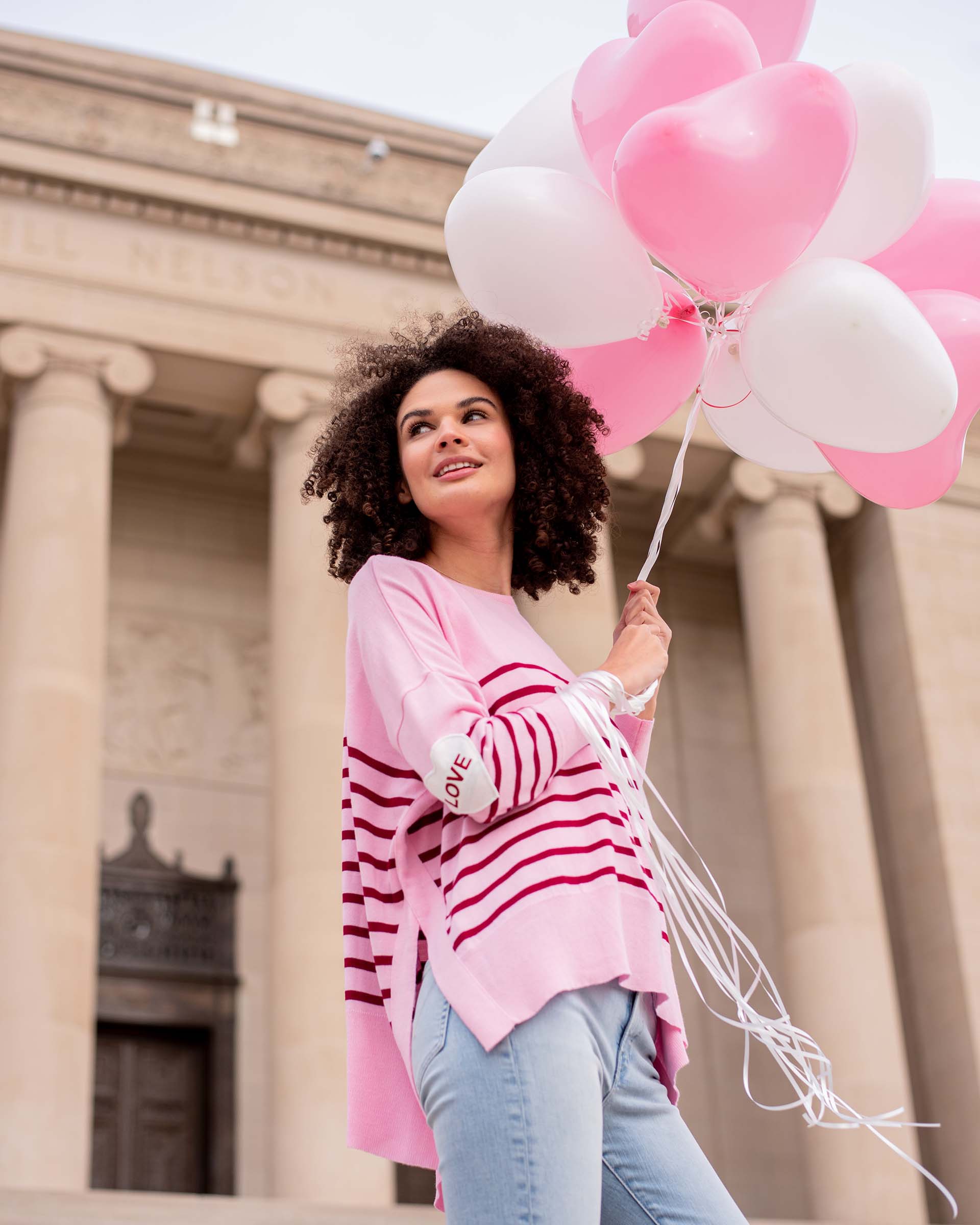 Women's One Size Pink Sweater with Purple Stripes and Hearts on Sleeve Travel