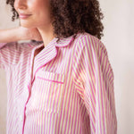 Women's Pink Yellow and White Striped Green Trim Full Button Front Curved Bottom Hem Patch Pocket Night Shirt Neckline