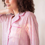 Women's Pink Yellow and White Striped Green Trim Full Button Front Curved Bottom Hem Patch Pocket Night Shirt Neckline