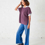 Women's One Size Purple Short Sleeve Sweater With Buttons Down Back