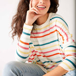 Women's Oversized Crewneck Knit Sweater In Rainbow Stripes Chest View