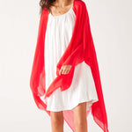 Women's Red Breathable Lightweight Fringe Hem Multi-functional Nellie Travel Wrap Front View Shoulder Drape