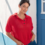 Women's Red Crochet Polo Sweater