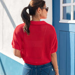 Women's Red Crochet Polo Sweater