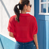 Women's Red Crochet Polo Sweater