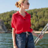 Women's Red Crochet Polo Sweater