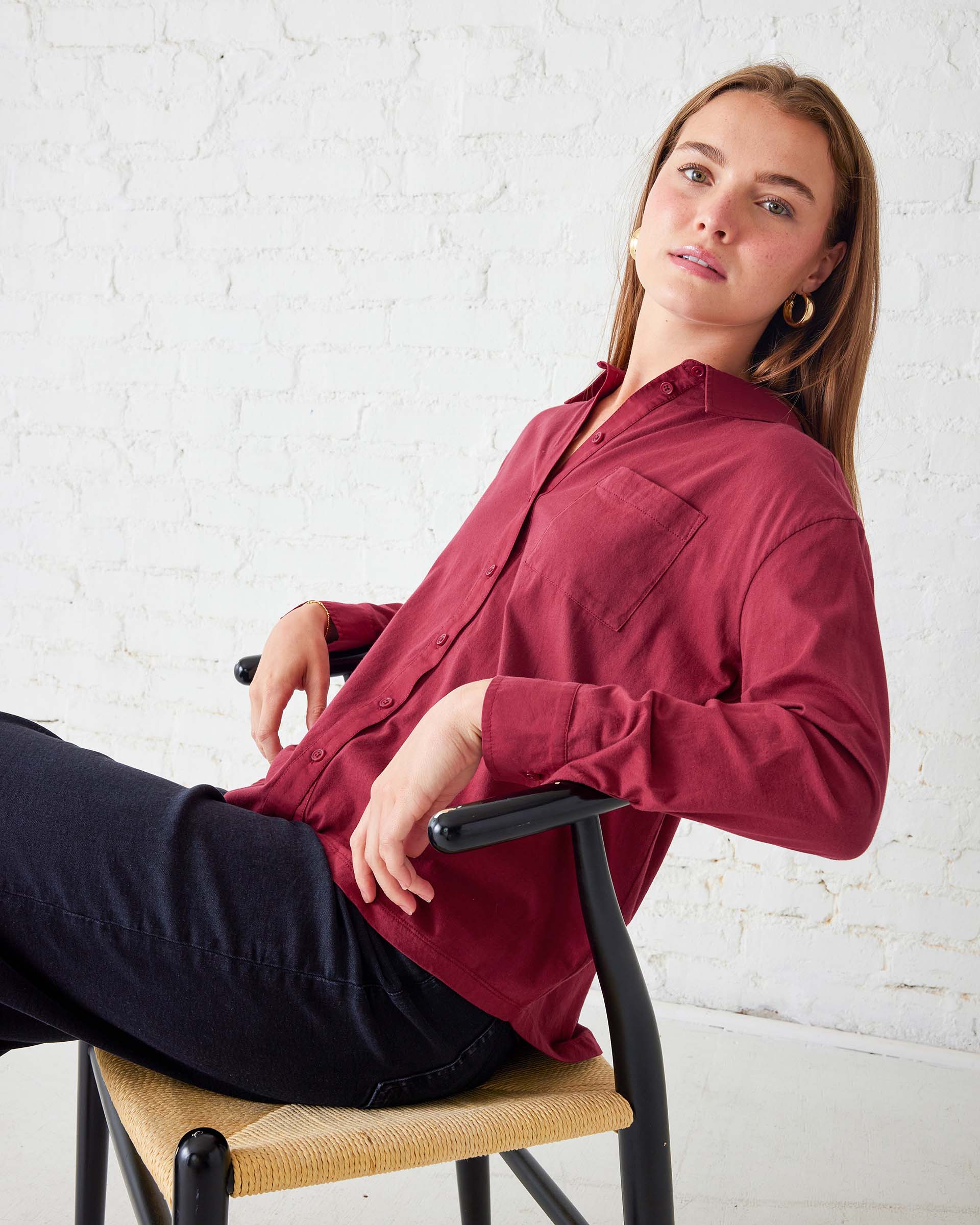 Women's Red Cotton Button Down