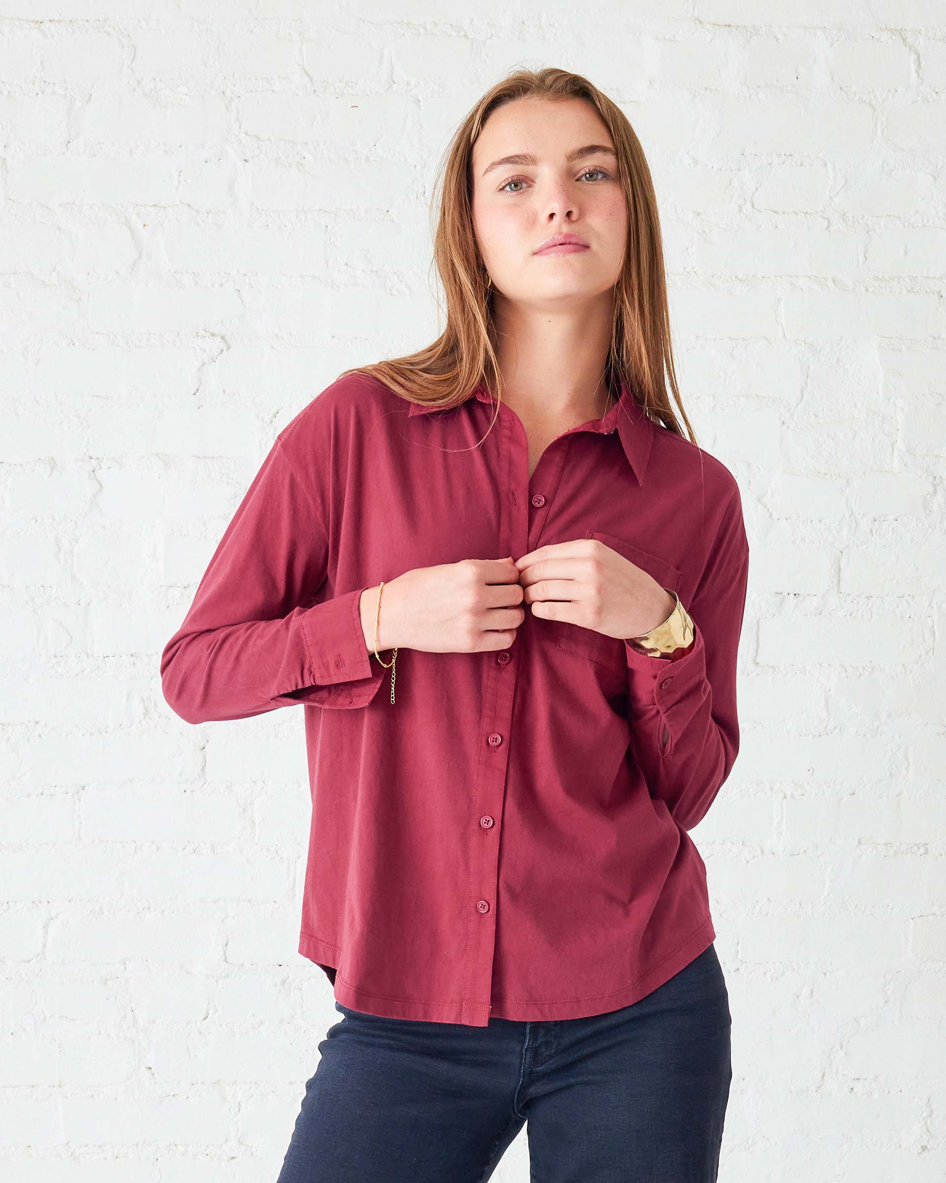 Women's Red Cotton Button Down