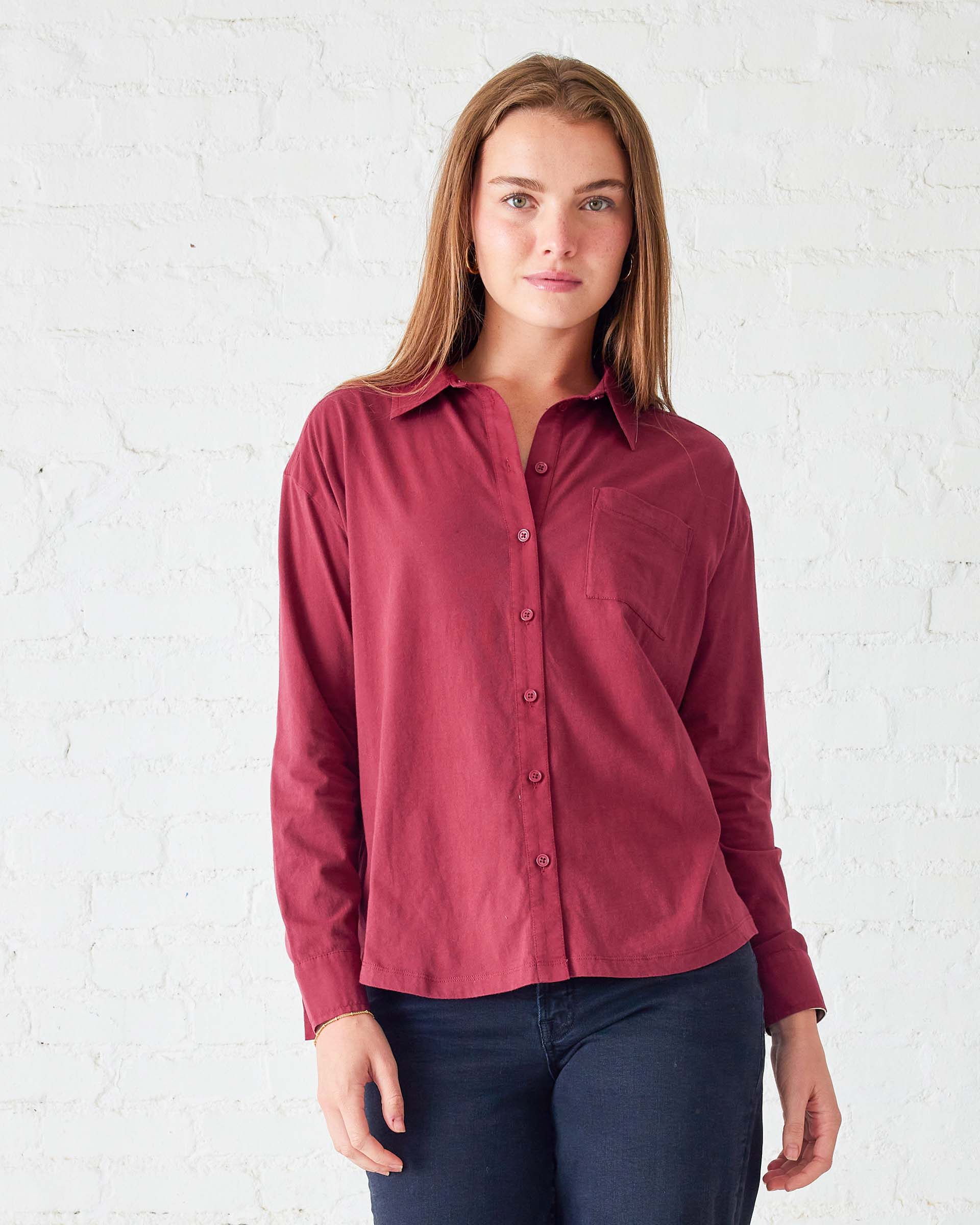 Women's Red Cotton Button Down