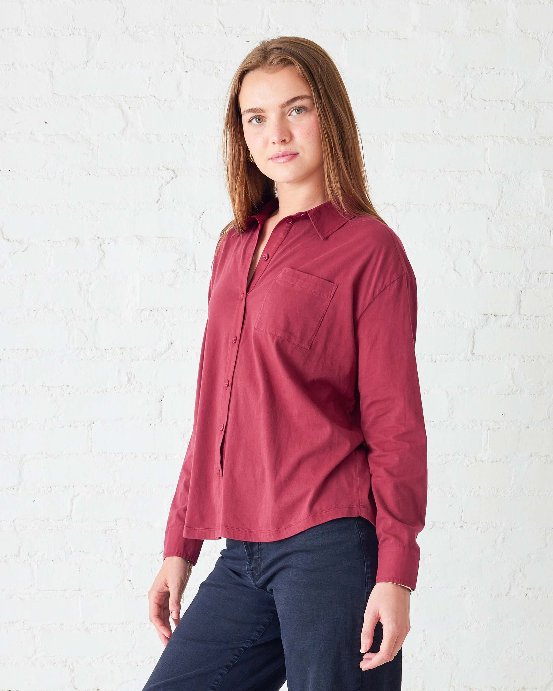 Women's Red Cotton Button Down