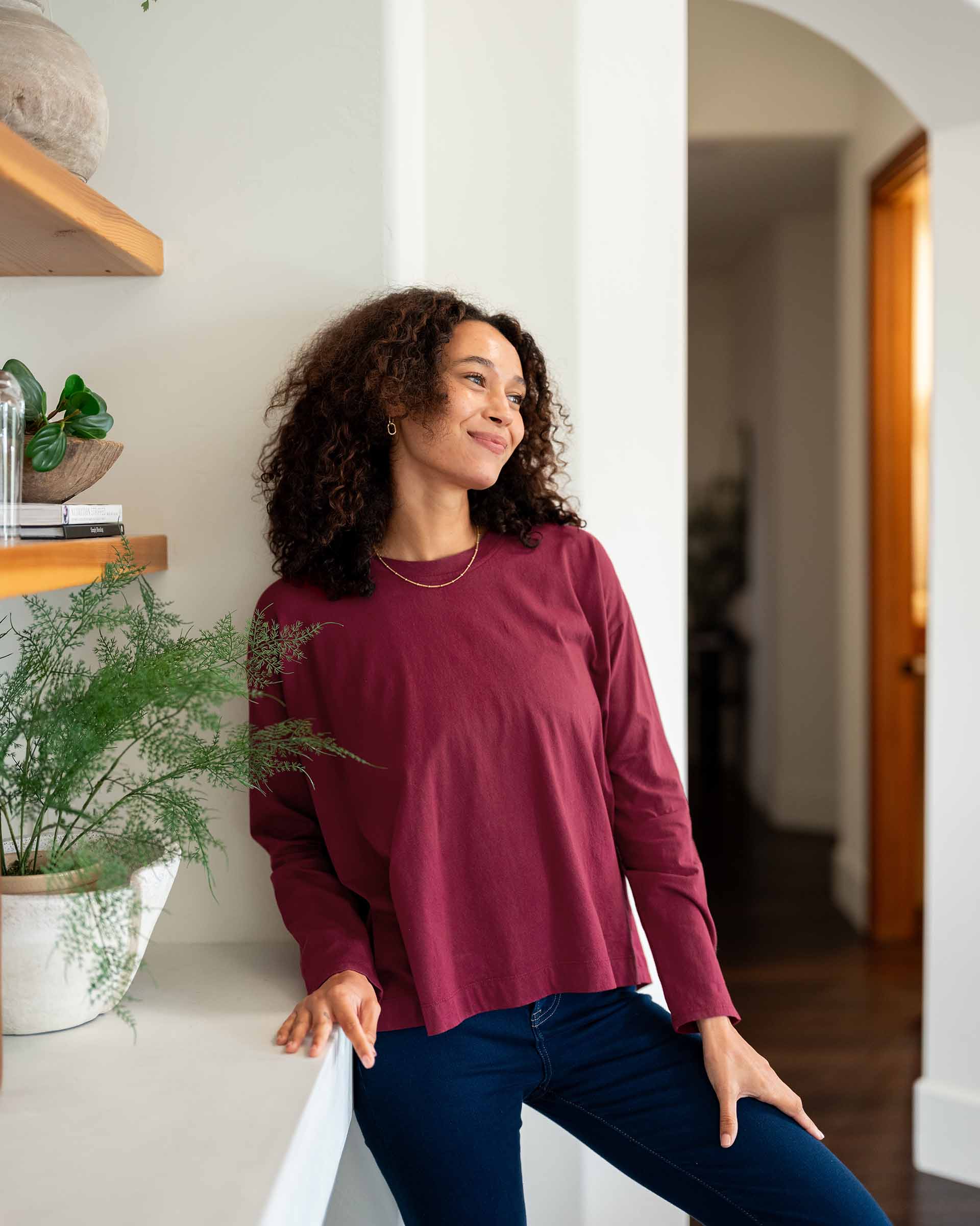 Women's Red Long Sleeve Cotton Tee