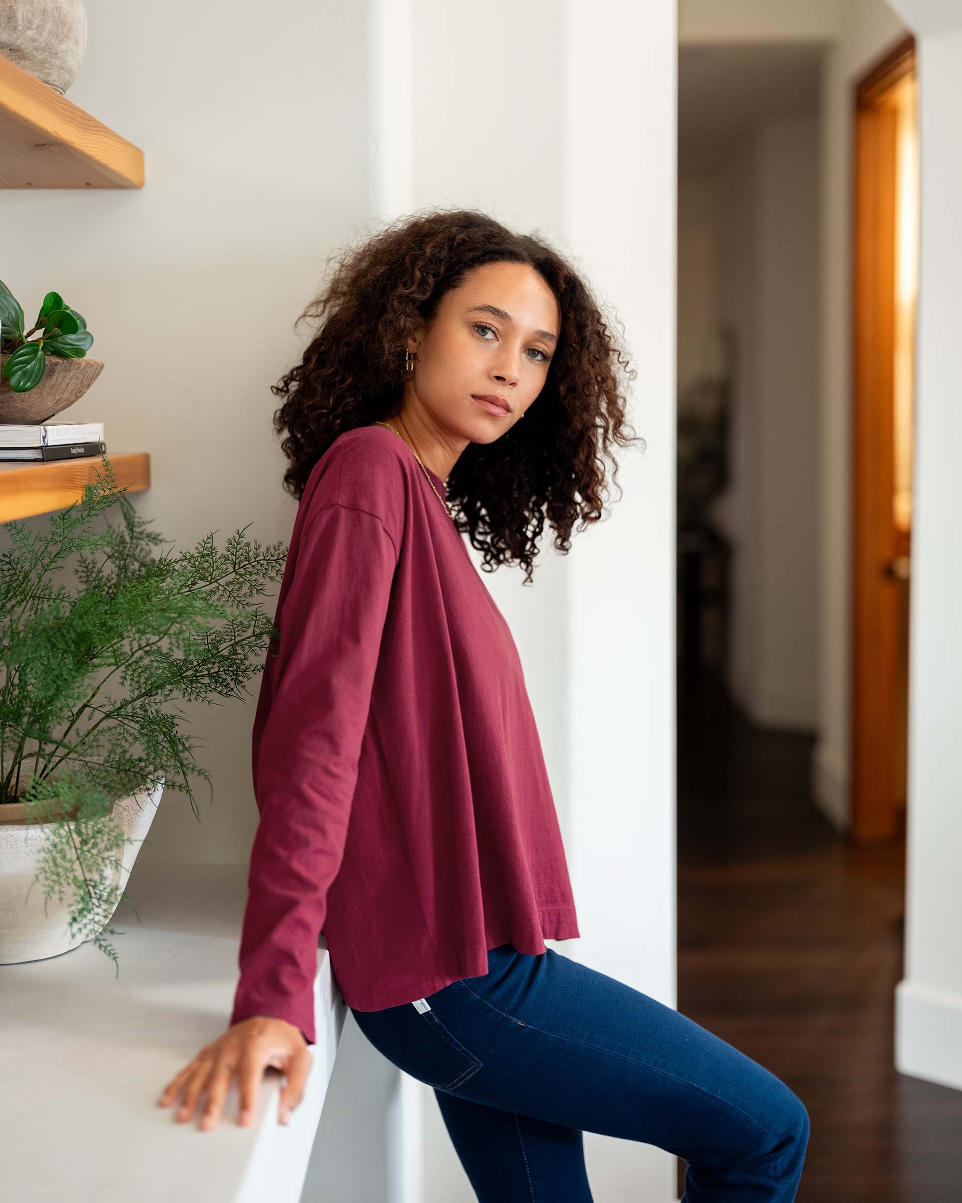 Women's Red Long Sleeve Cotton Tee