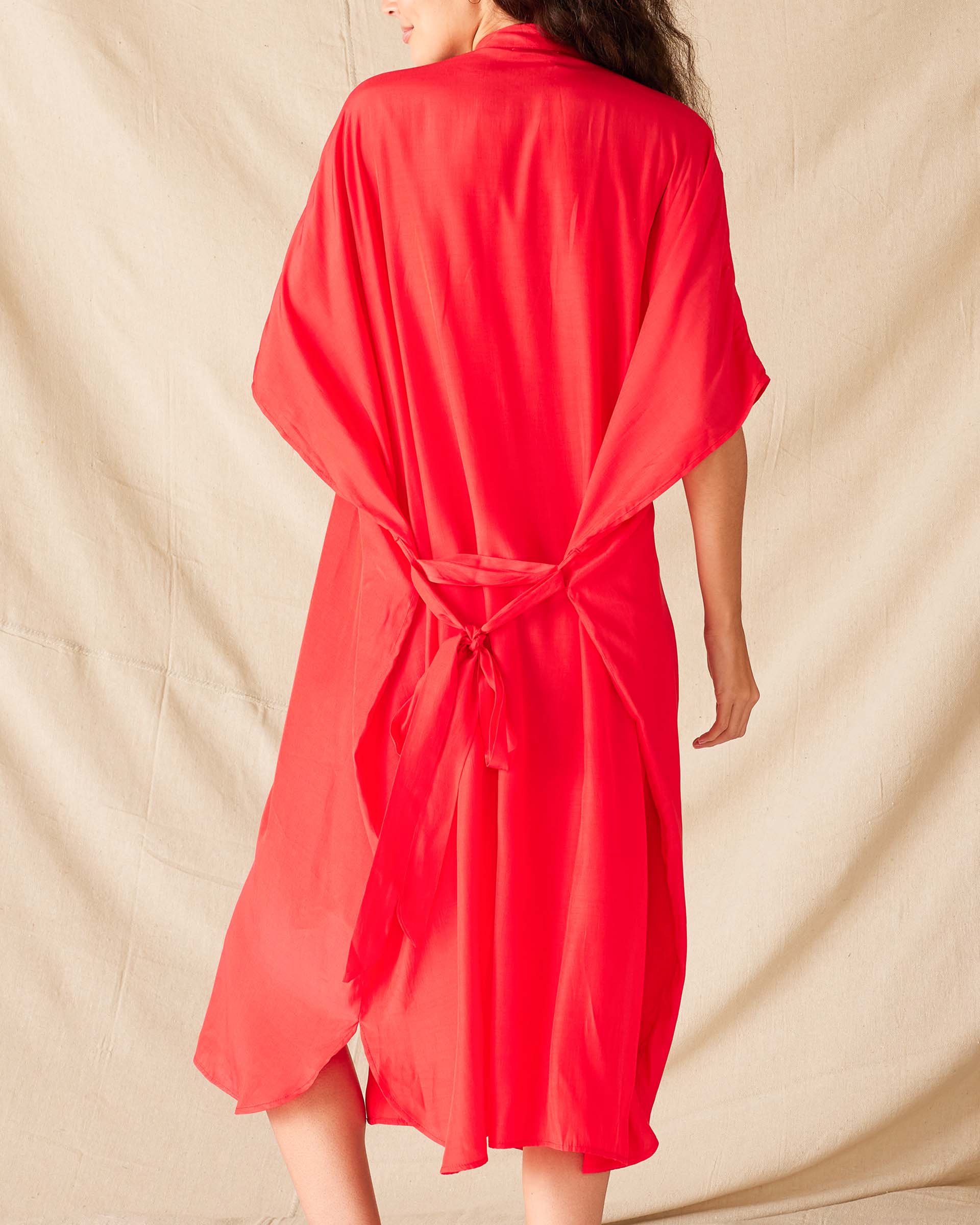 Women's Red Mallorca Kaftan Dress and Coverup With Button-up Front Sleeveless Drop Shoulder and Removable Self Belt Rear View