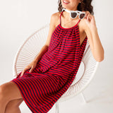 Women's Red and Navy Striped Knee Length Sailor Slub Tee Dress Adjustable Tunnel Neckline Sitting 