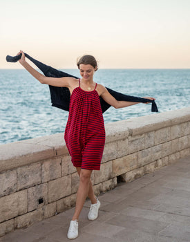 Women's Red and Navy Striped Knee Length Sailor Slub Tee Dress Adjustable Tunnel Neckline Travel Destination Look