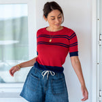 Women's Red Navy Striped Short Sleeve Sweater