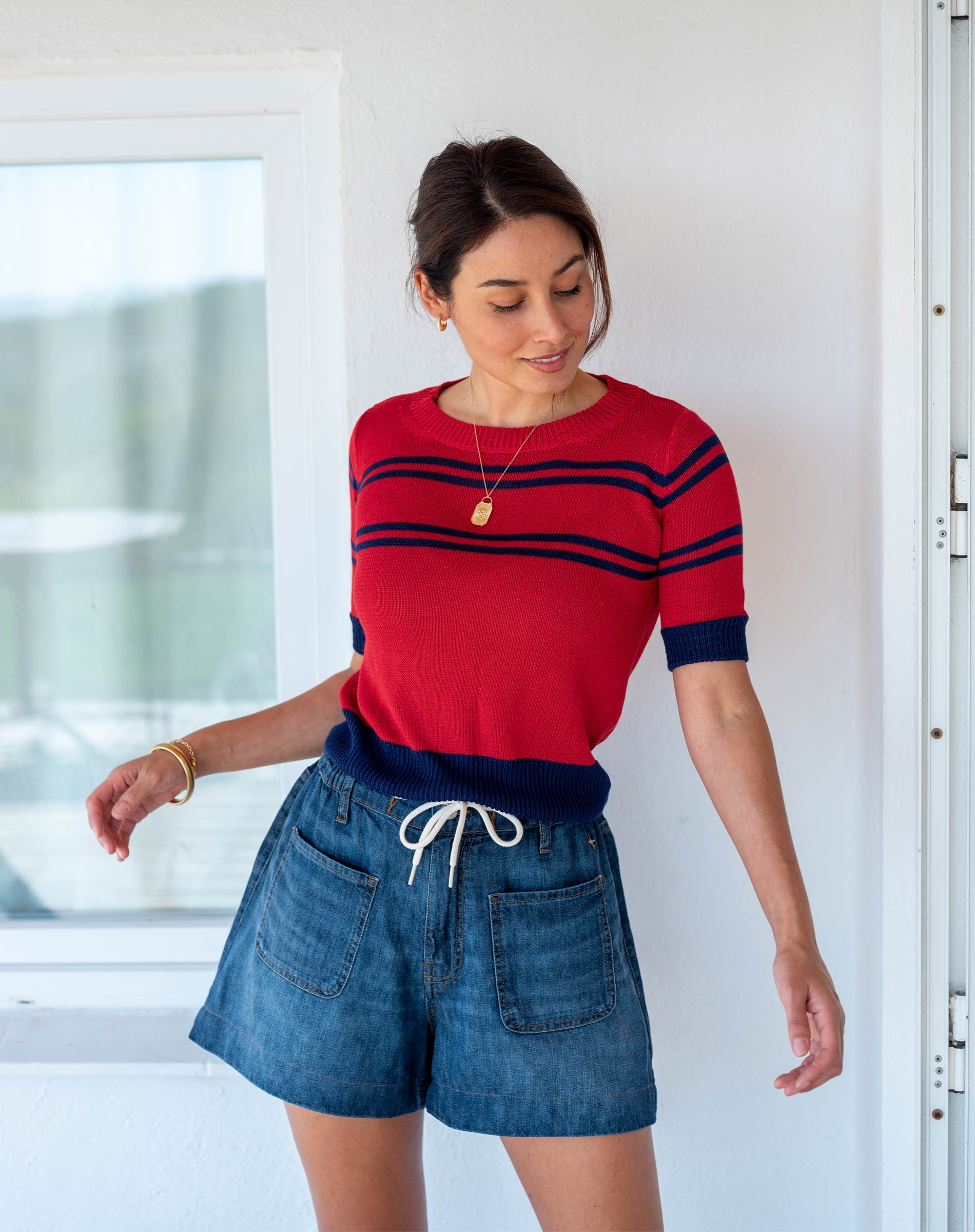 Women's Red Navy Striped Short Sleeve Sweater