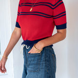 Women's Red Navy Striped Short Sleeve Sweater